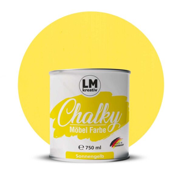 Produktabbildung der LM Kreativ Chalky Moebelfarbe in Sonnengelb mit 750 ml Inhalt in runder Farbdose mit mattem Kreidefarben Finish.