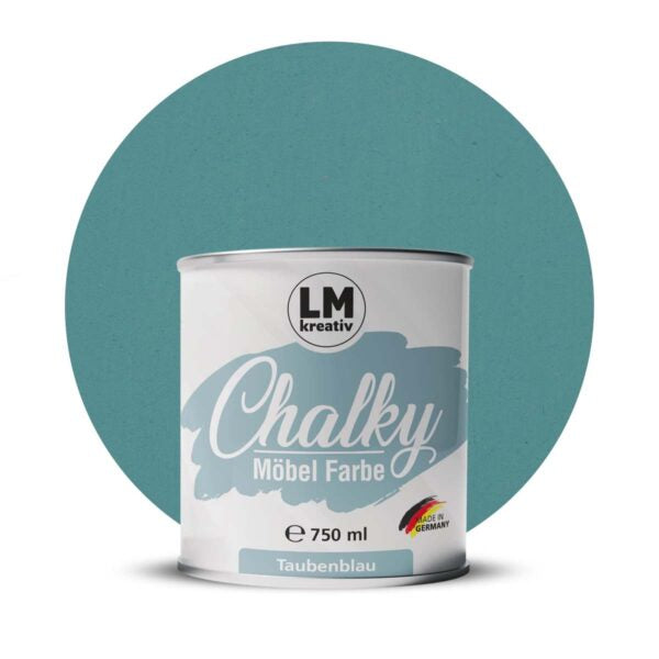 Produktabbildung der LM Kreativ Chalky Moebelfarbe in Taubenblau mit 750 ml Inhalt in runder Farbdose mit mattem Kreidefarben Finish.