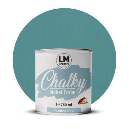 Produktabbildung der LM Kreativ Chalky Moebelfarbe in Taubenblau mit 750 ml Inhalt in runder Farbdose mit mattem Kreidefarben Finish.