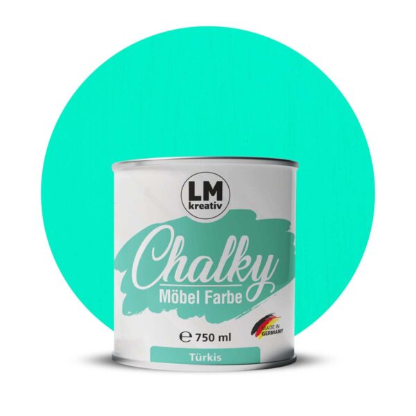 Produktabbildung der LM Kreativ Chalky Moebelfarbe in Tuerkis mit 750 ml Inhalt in runder Farbdose mit mattem Kreidefarben Finish.