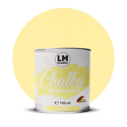Produktabbildung der LM Kreativ Chalky Moebelfarbe in Vanille mit 750 ml Inhalt in runder Farbdose mit mattem Kreidefarben Finish.