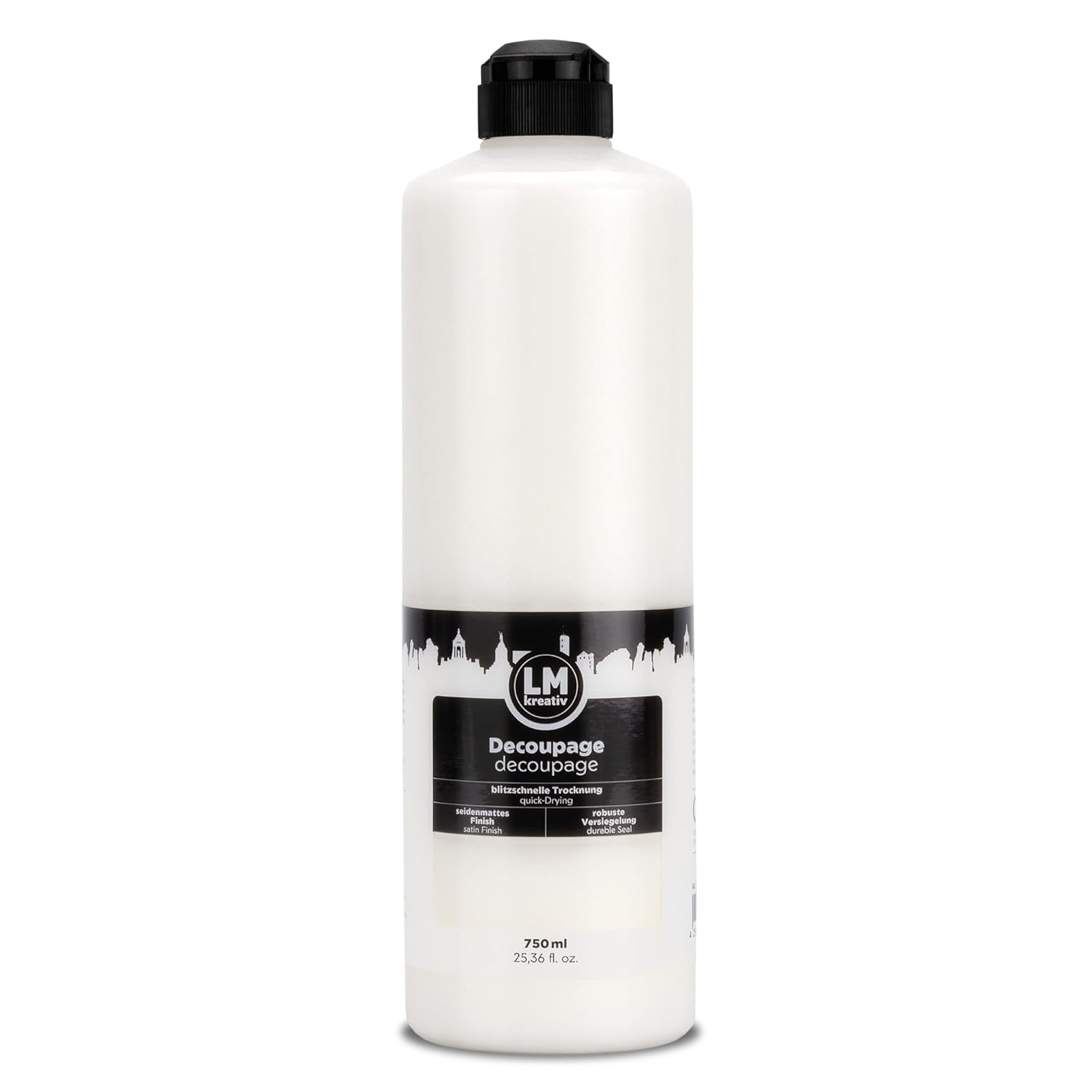 Freigestellte 750 ml Flasche LM Kreativ Decoupage Kleber mit seidenmattem Finish fuer Decoupage und Serviettentechnik