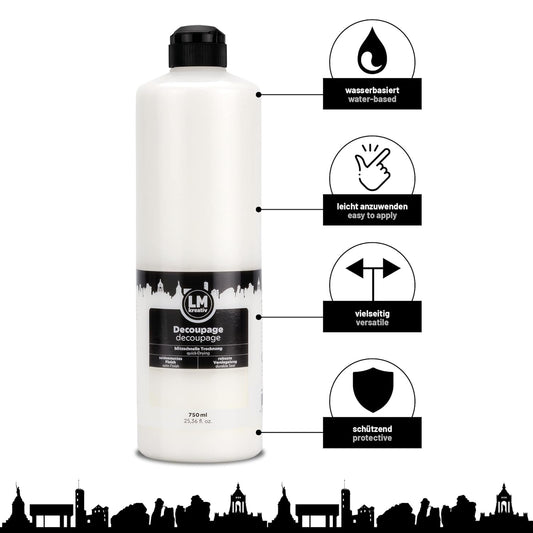LM Kreativ Decoupage Kleber 750 ml mit Symbolen fuer wasserbasiert, leicht anzuwenden, vielseitig und schutzend