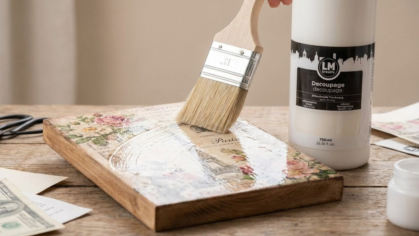 Auftragen von LM Kreativ Decoupage Kleber mit Pinsel auf ein Holzbrett mit floralem Papiermotiv