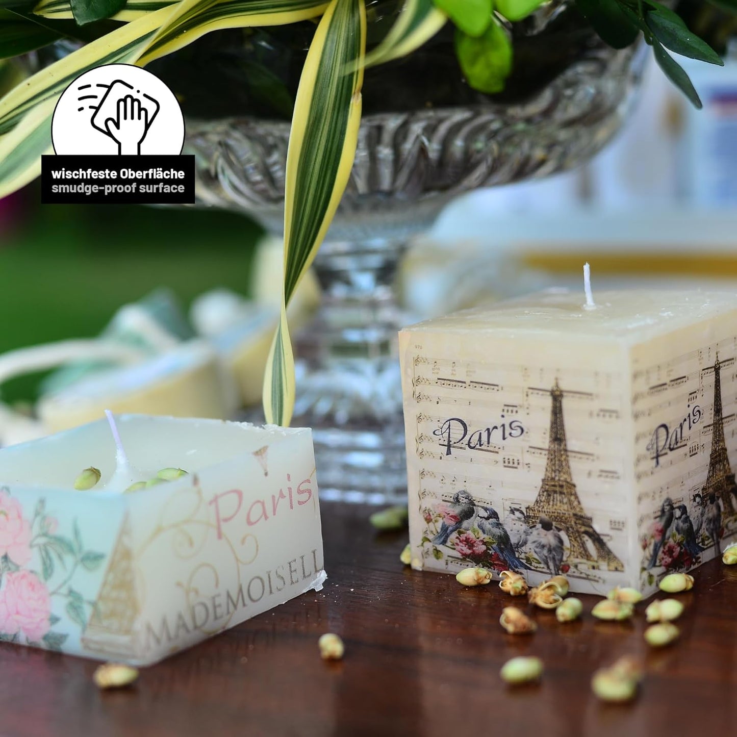 Mit LM Kreativ Decoupage Kleber verzierte Kerzen mit Paris Motiv und wischfester Oberflaeche