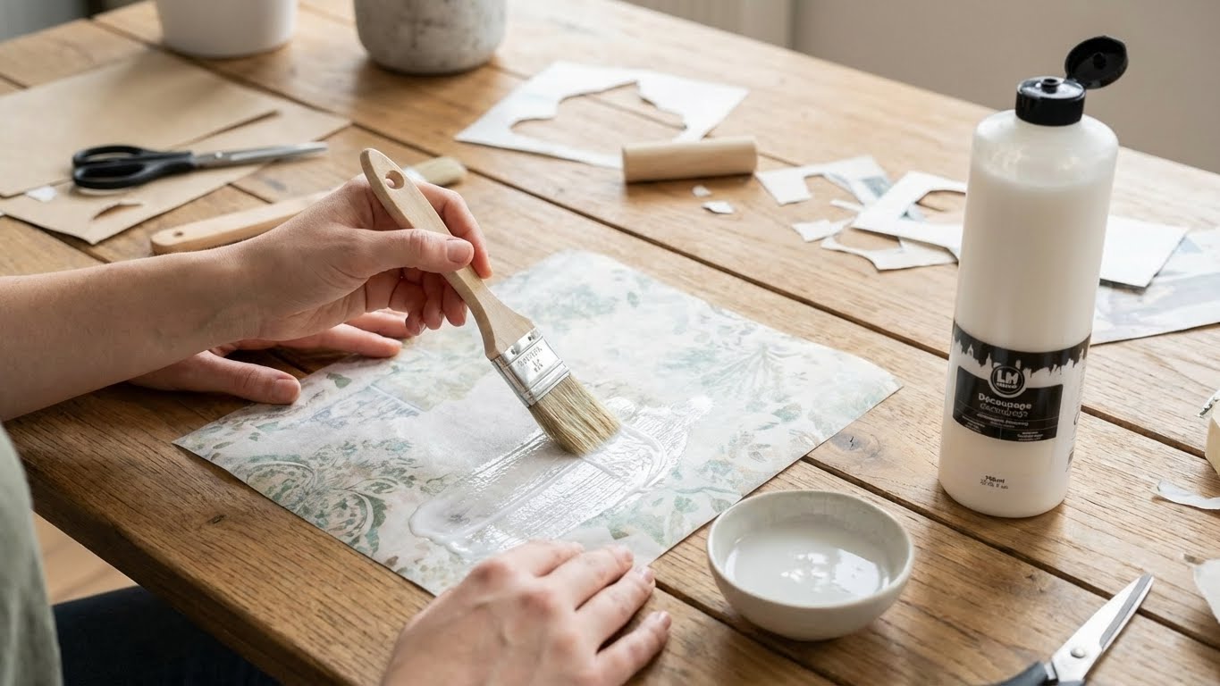 LM Kreativ Decoupage Kleber beim Verkleben von Dekorpapier auf Holzoberflaeche mit Pinsel