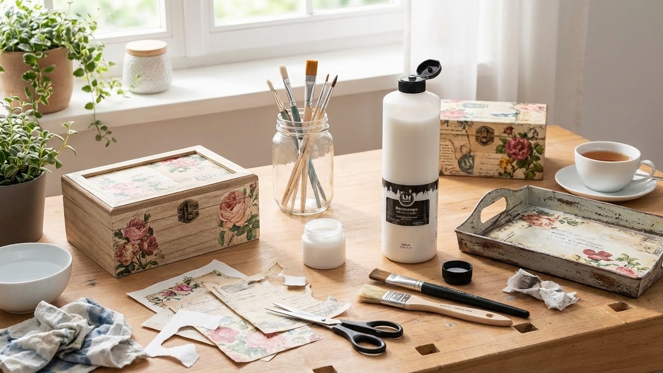 LM Kreativ Decoupage Kleber 750 ml auf einem Basteltisch mit verzierten Holzboxen und Werkzeug