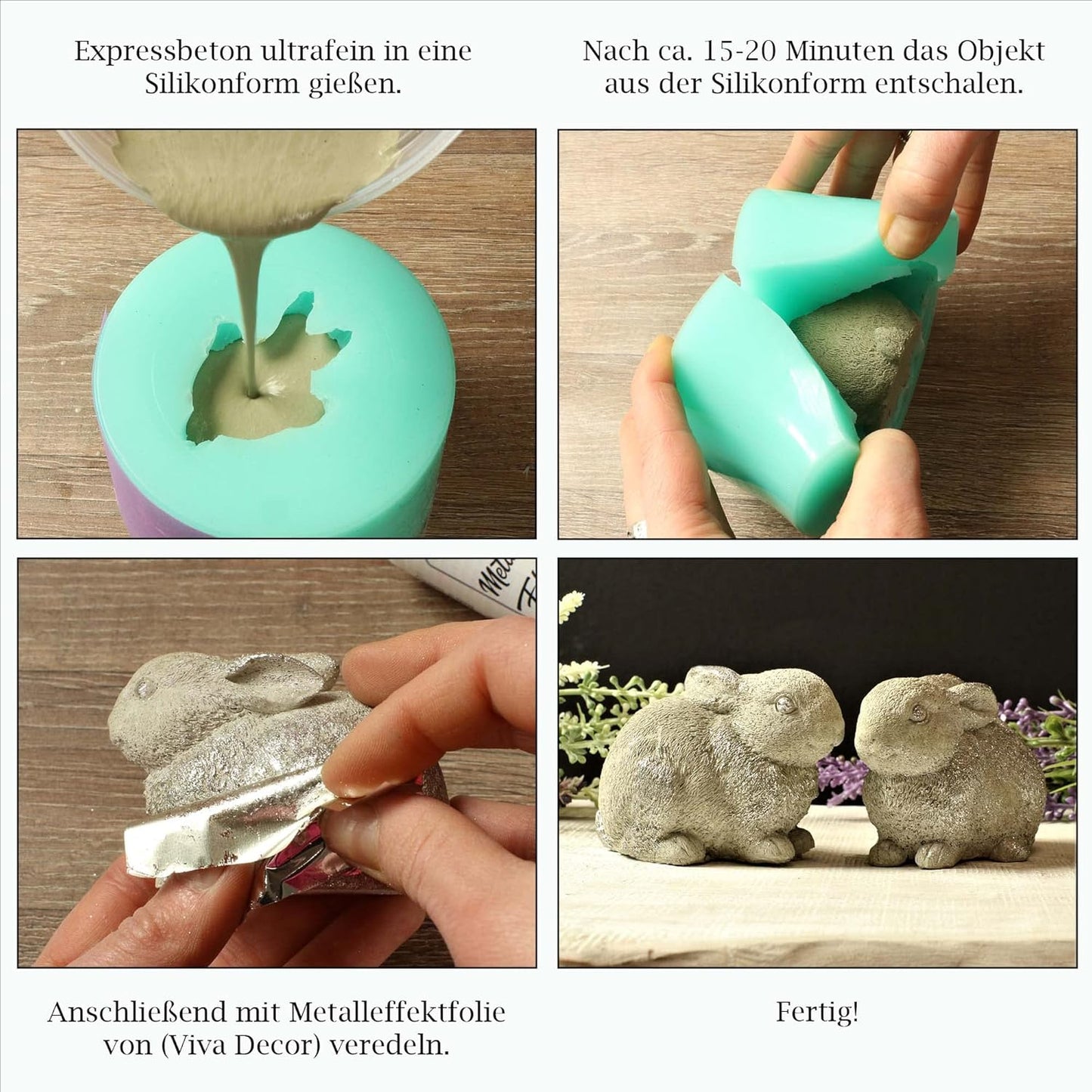 Schrittanleitung mit LM Kreativ Design Beton Ultrafein Express vom Gießen in die Silikonform bis zum fertigen Hasen.