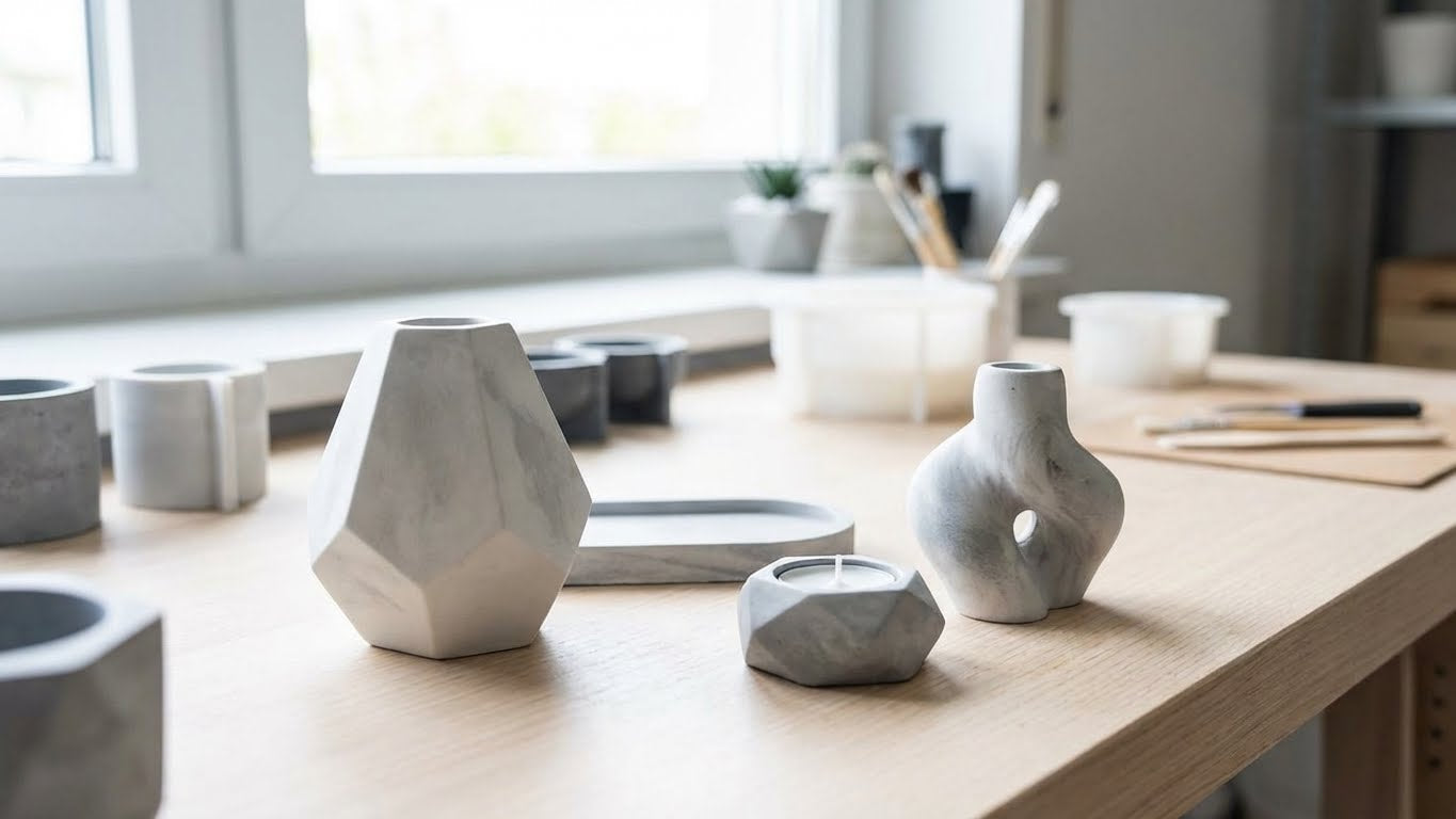 Verschiedene gegossene Dekoobjekte aus LM Kreativ Design Beton Ultrafein Express auf einem hellen Arbeitstisch arrangiert.
