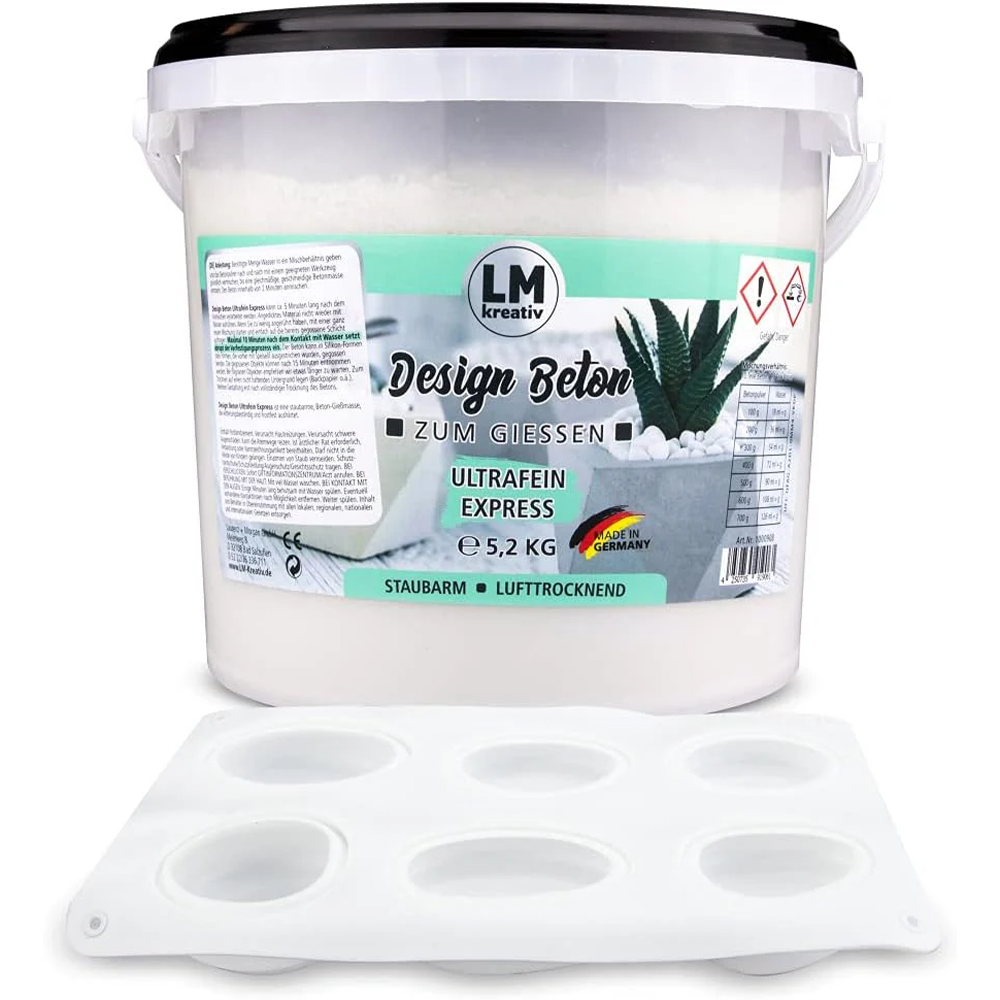 LM Kreativ Design Beton Ultrafein Express 5,2 kg Eimer mit weißer Silikonform als Zubehör.