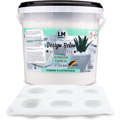 LM Kreativ Design Beton Ultrafein Express 5,2 kg Eimer mit weißer Silikonform als Zubehör.