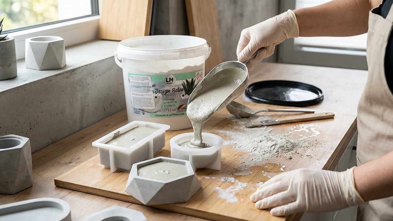 LM Kreativ Design Beton Ultrafein Express wird in unterschiedliche Silikonformen gegossen, mit Eimer im Hintergrund.