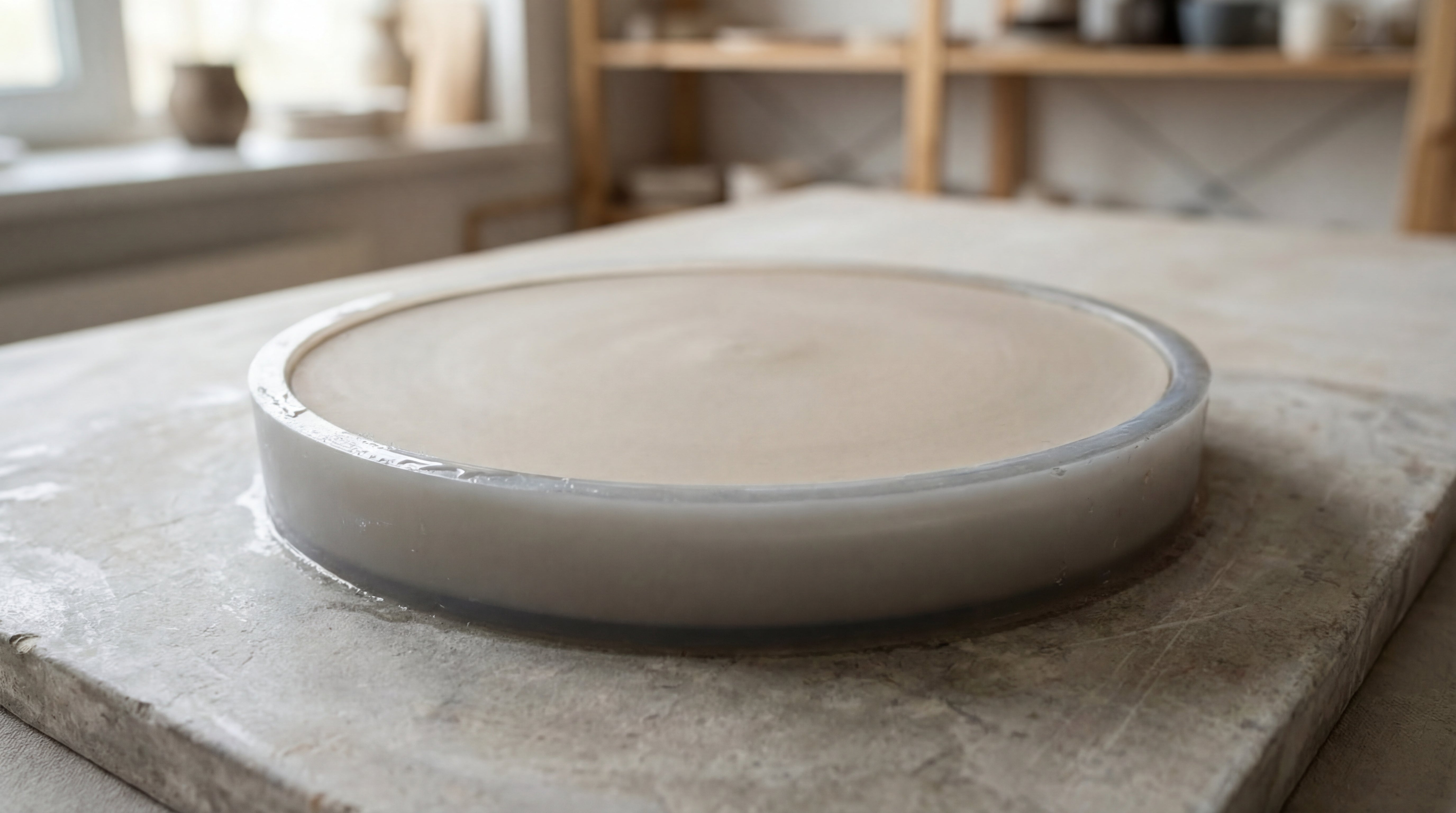 Ausgehärtete runde Platte aus LM Kreativ Design Beton Ultrafein Express auf einer Werkbank.