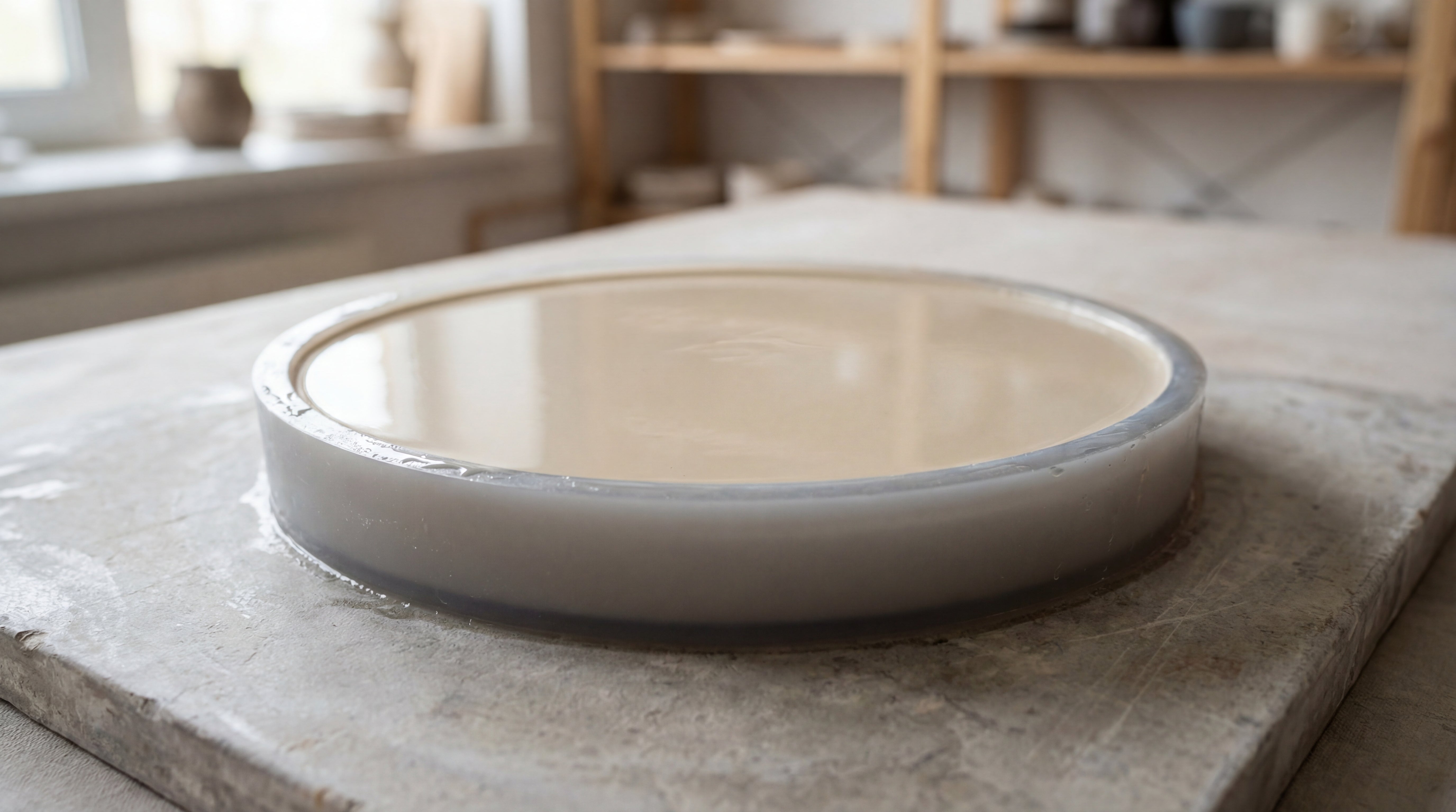 Frisch gegossener LM Kreativ Design Beton Ultrafein Express in einer runden Silikonform auf einer Steinplatte.