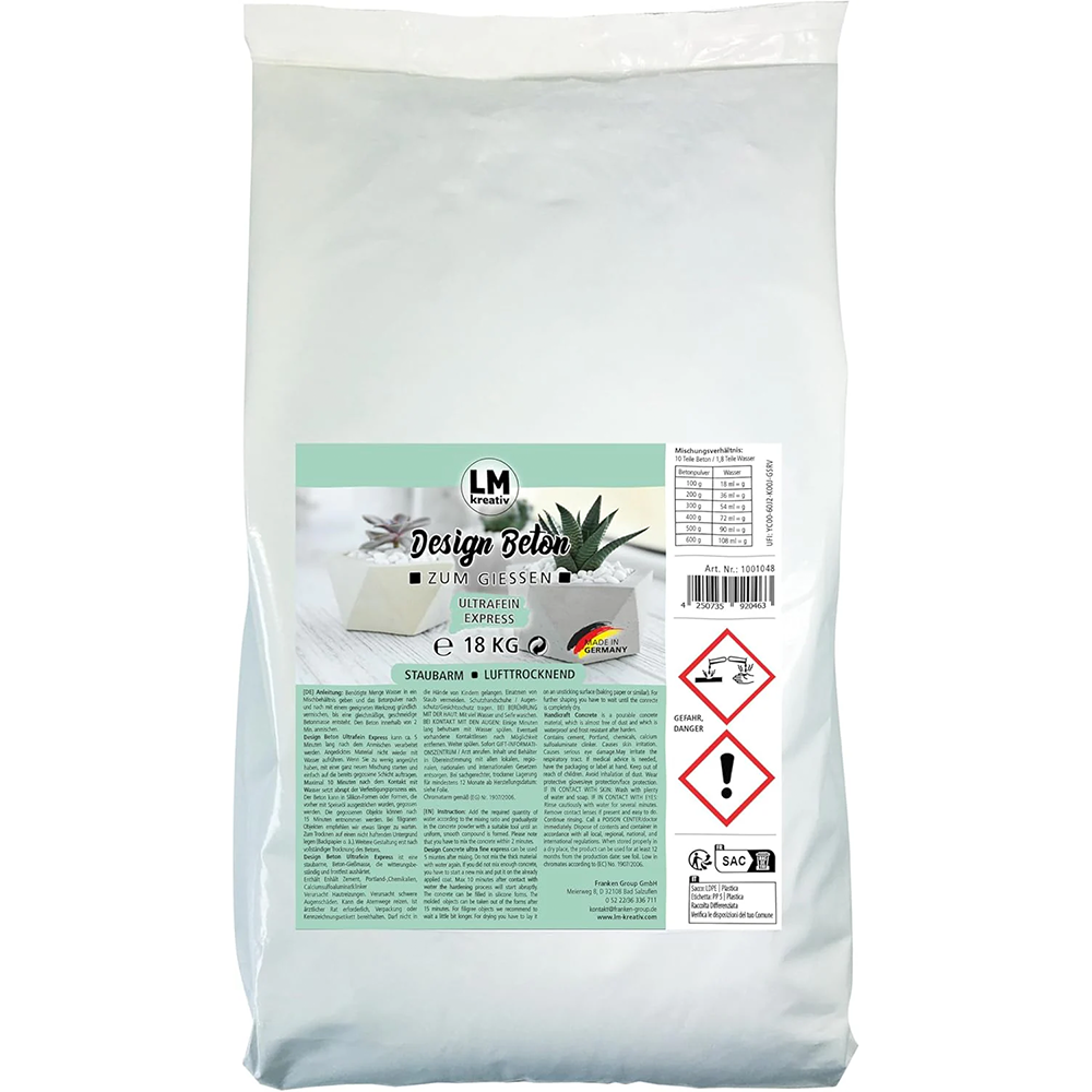 LM Kreativ Design Beton Ultrafein Express im 18 kg Sack zum Gießen von feinen Objekten.