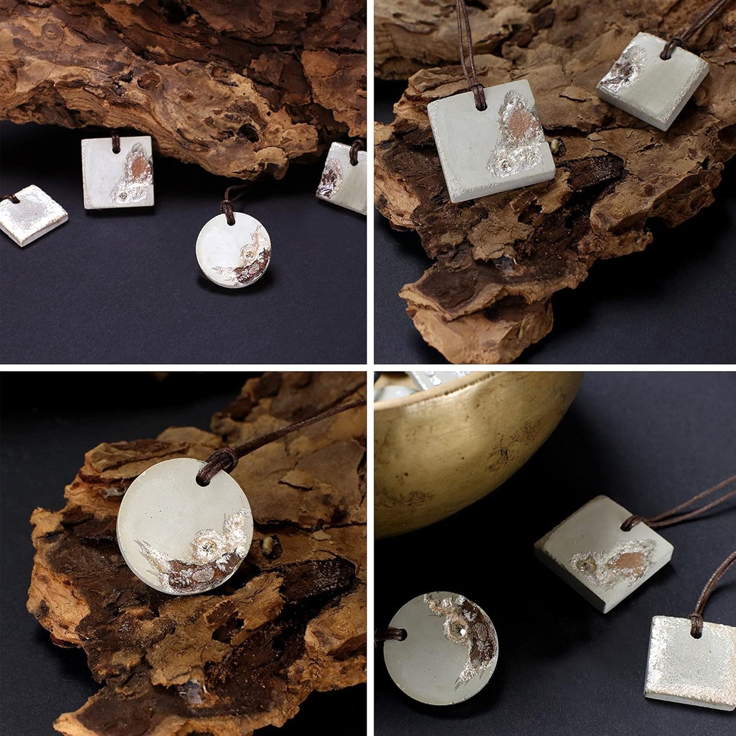 Quadratische und runde Schmuckanhänger aus LM Kreativ Design Beton Ultrafein Express mit metallischem Dekor.