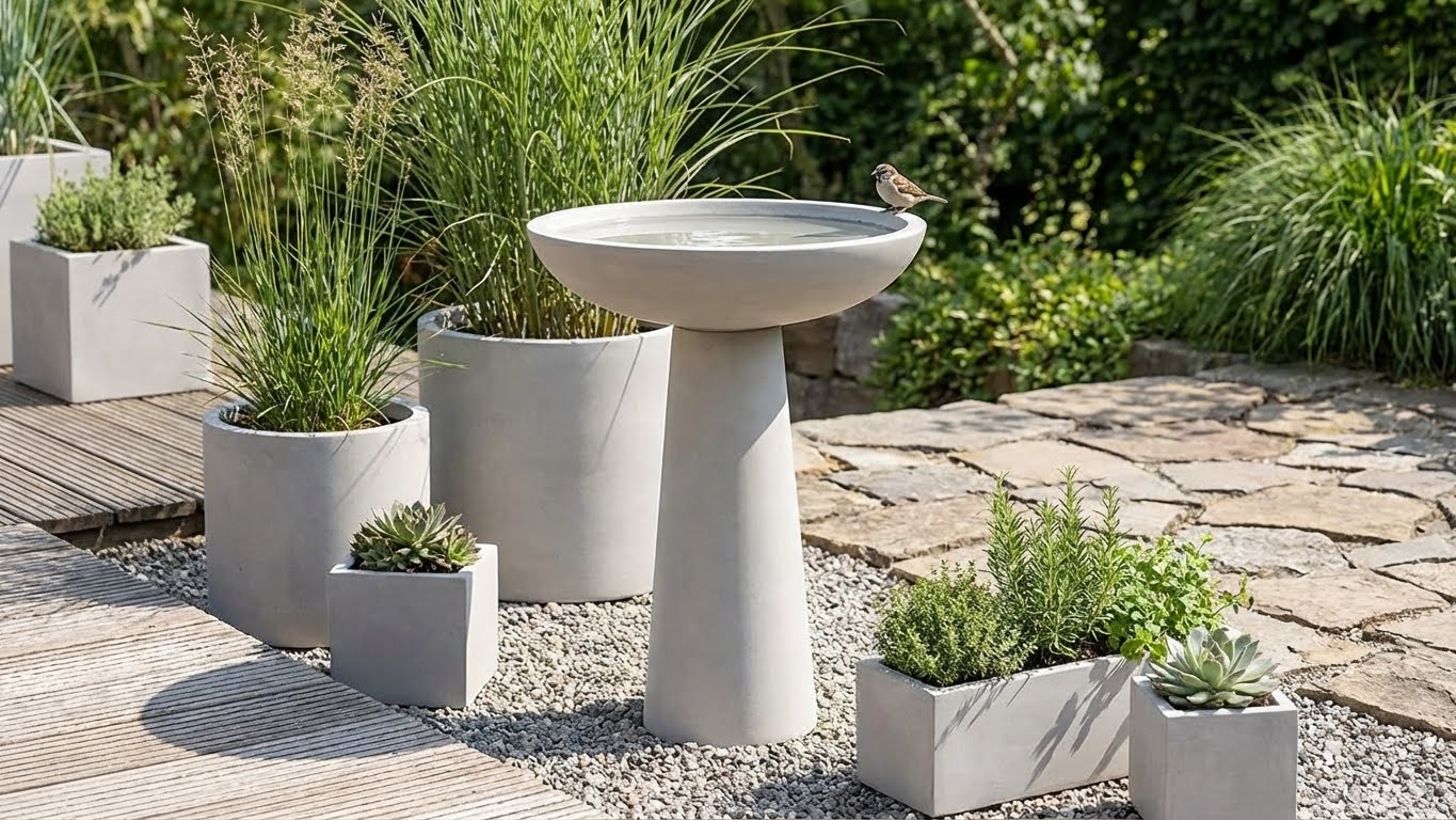 Moderne Vogeltränke aus LM Kreativ Design Beton Ultrafein Express im Garten zwischen Pflanzgefäßen.