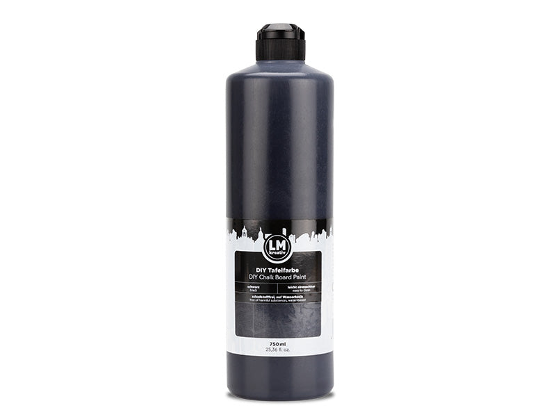 Flasche LM Kreativ DIY Tafelfarbe Schwarz mit 750 ml Inhalt freigestellt vor hellem Hintergrund