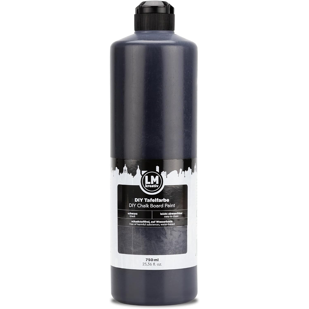 Produktflasche LM Kreativ DIY Tafelfarbe Schwarz mit 750 ml Inhalt vor neutralem Hintergrund