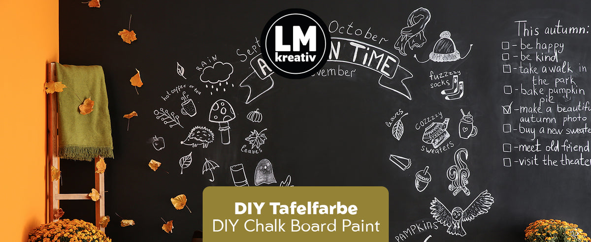 Herbstlich gestaltete Kreidezeichnungen auf schwarzer Wand mit LM Kreativ DIY Tafelfarbe Schwarz als kreative Anwendungsinspiration