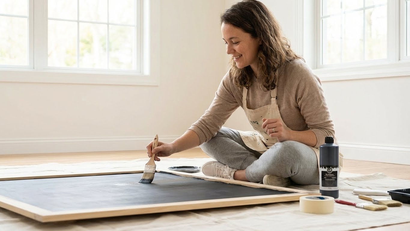 Person streicht eine Holzplatte mit LM Kreativ DIY Tafelfarbe Schwarz fuer ein DIY-Tafelprojekt