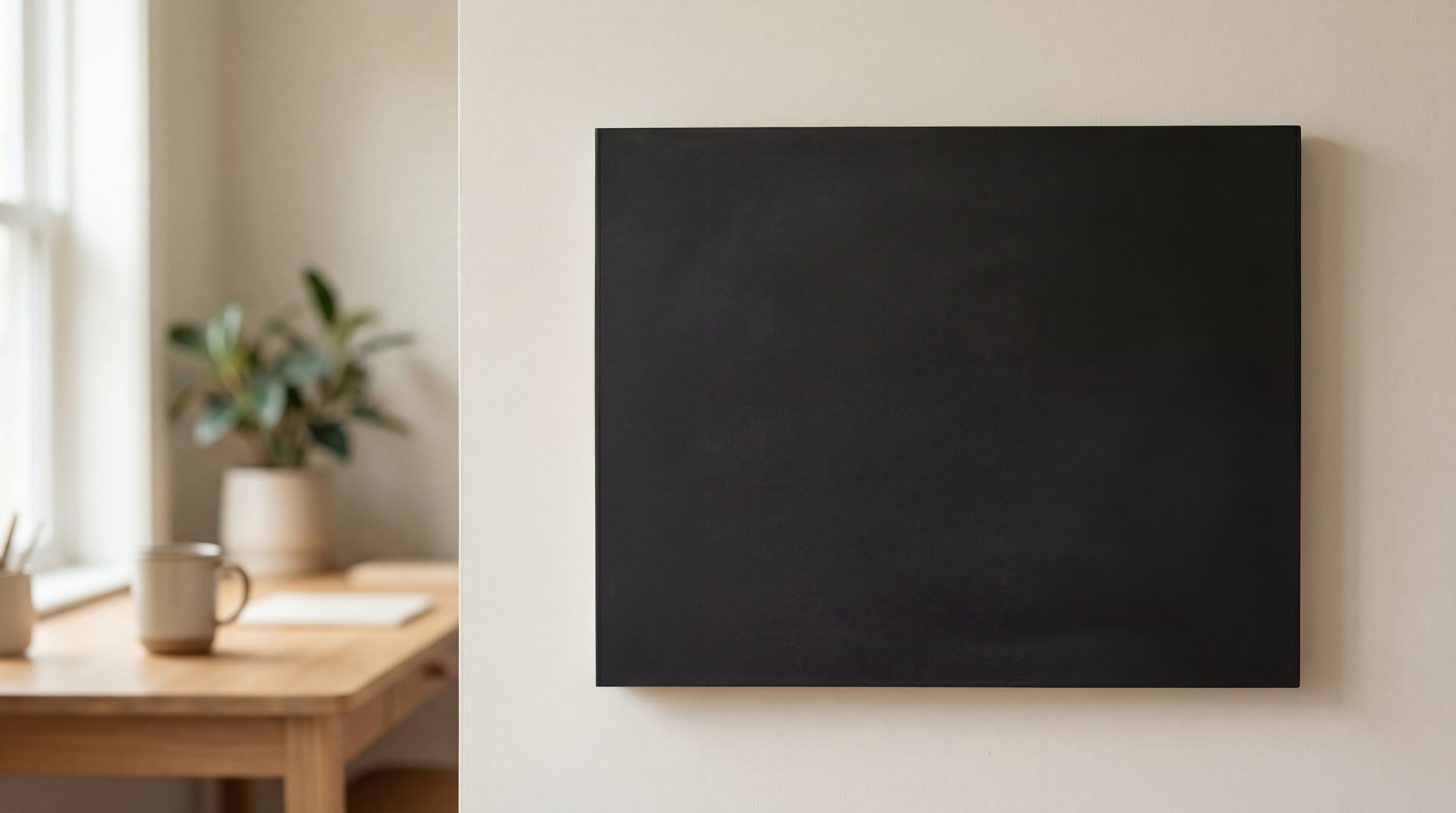 Fertig gestrichene schwarze Tafelflaeche an der Wand mit LM Kreativ DIY Tafelfarbe Schwarz