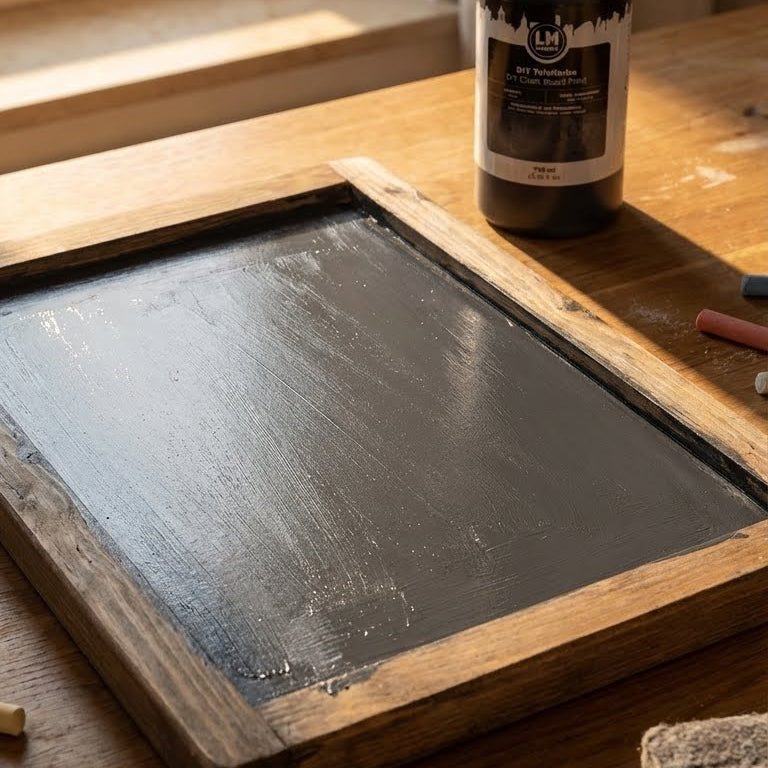 Selbstgemachte Holztafel mit frisch aufgetragener LM Kreativ DIY Tafelfarbe Schwarz auf Arbeitstisch