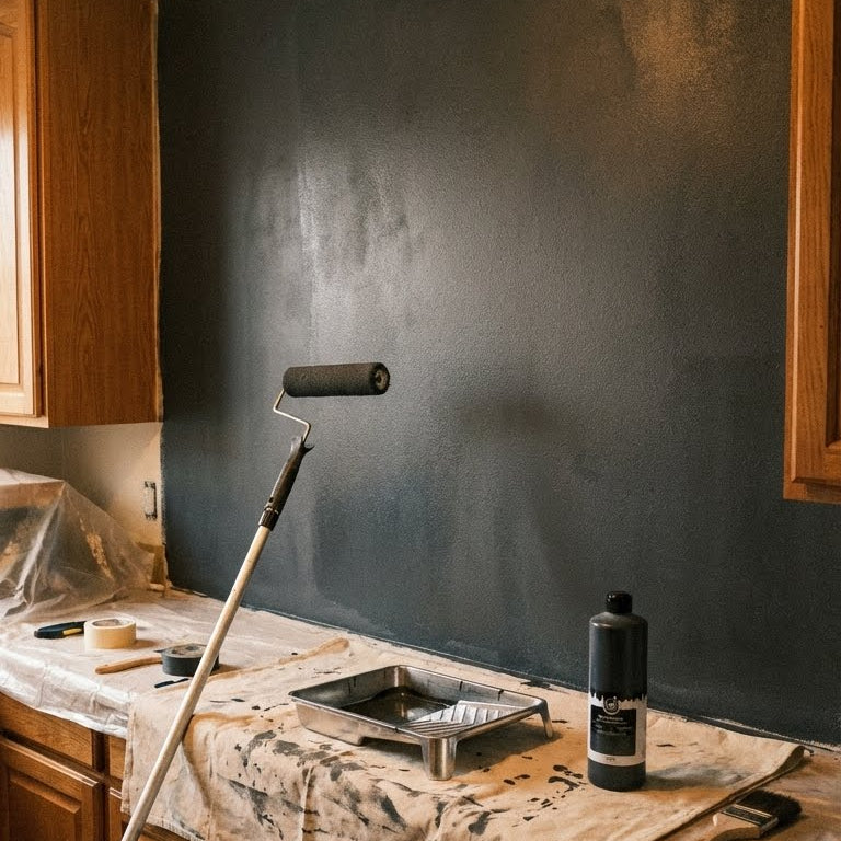 Auftragen von LM Kreativ DIY Tafelfarbe Schwarz mit Farbrolle auf eine Wand im Kuechenbereich
