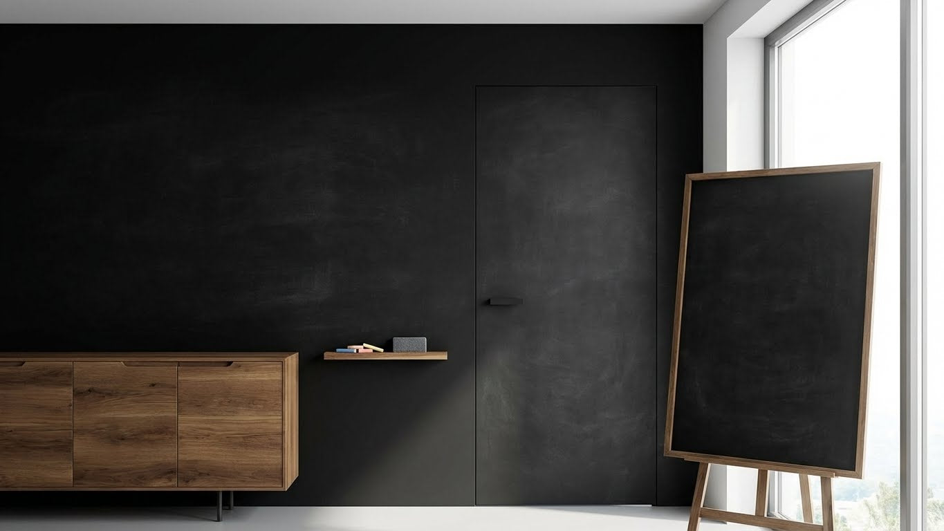 Moderner Wohnraum mit schwarzer Wandtafel gestaltet mit LM Kreativ DIY Tafelfarbe Schwarz