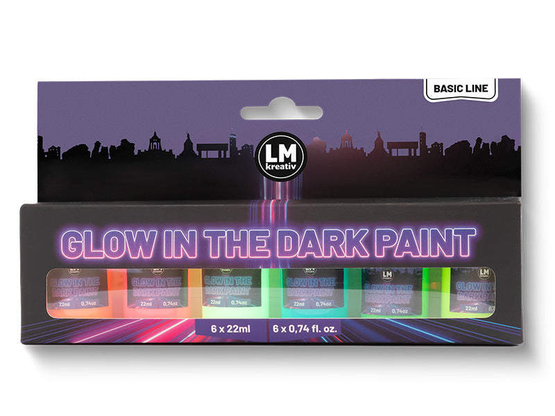 Glow in the Dark Farbe Set von LM Kreativ mit sechs Neonfarben in handlichen 22-ml-Döschen