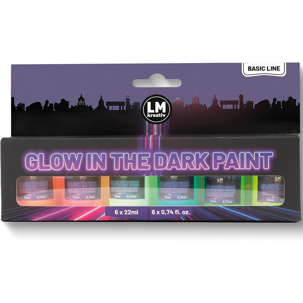 LM Kreativ Glow in the Dark Farbenset mit 6 Neonfarben à 22 ml, leuchtende Bastelfarben für kreative DIY-Projekte