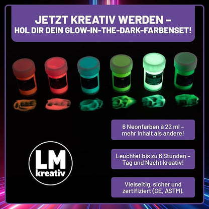 LM Kreativ Glow in the Dark Farbenset mit 6 Neonfarben, leuchtende Acrylfarben für Tag- und Nachtgestaltung