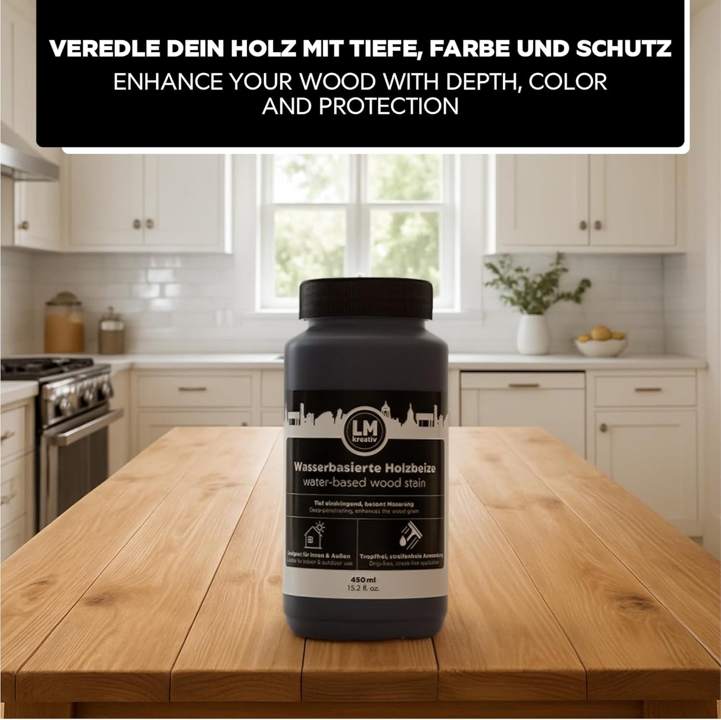 LM Kreativ Holzbeize 450 ml auf Holztisch in moderner Küche zur Veredelung von Holzoberflächen
