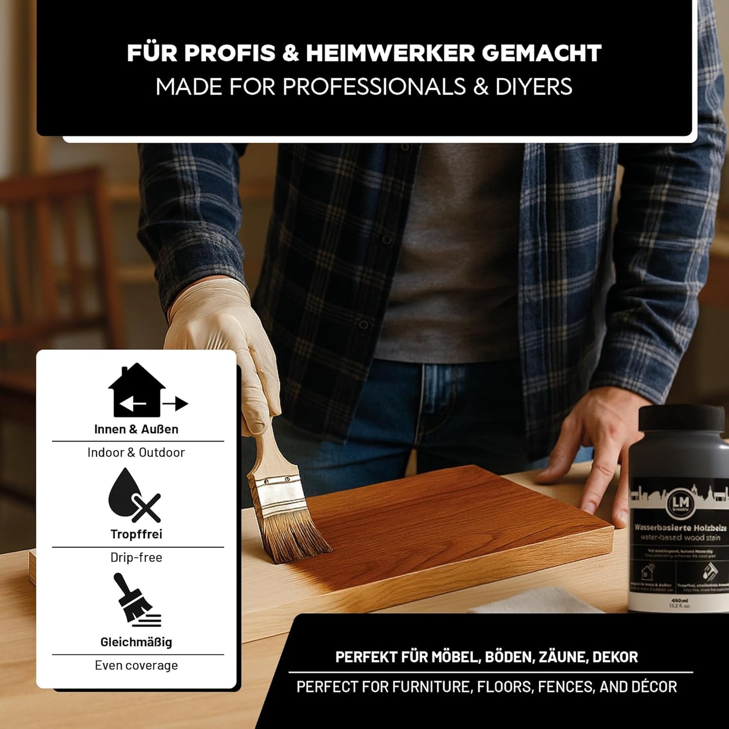 Auftragen der LM Kreativ Holzbeize mit Pinsel auf Holzplatte für gleichmäßige Farbverteilung