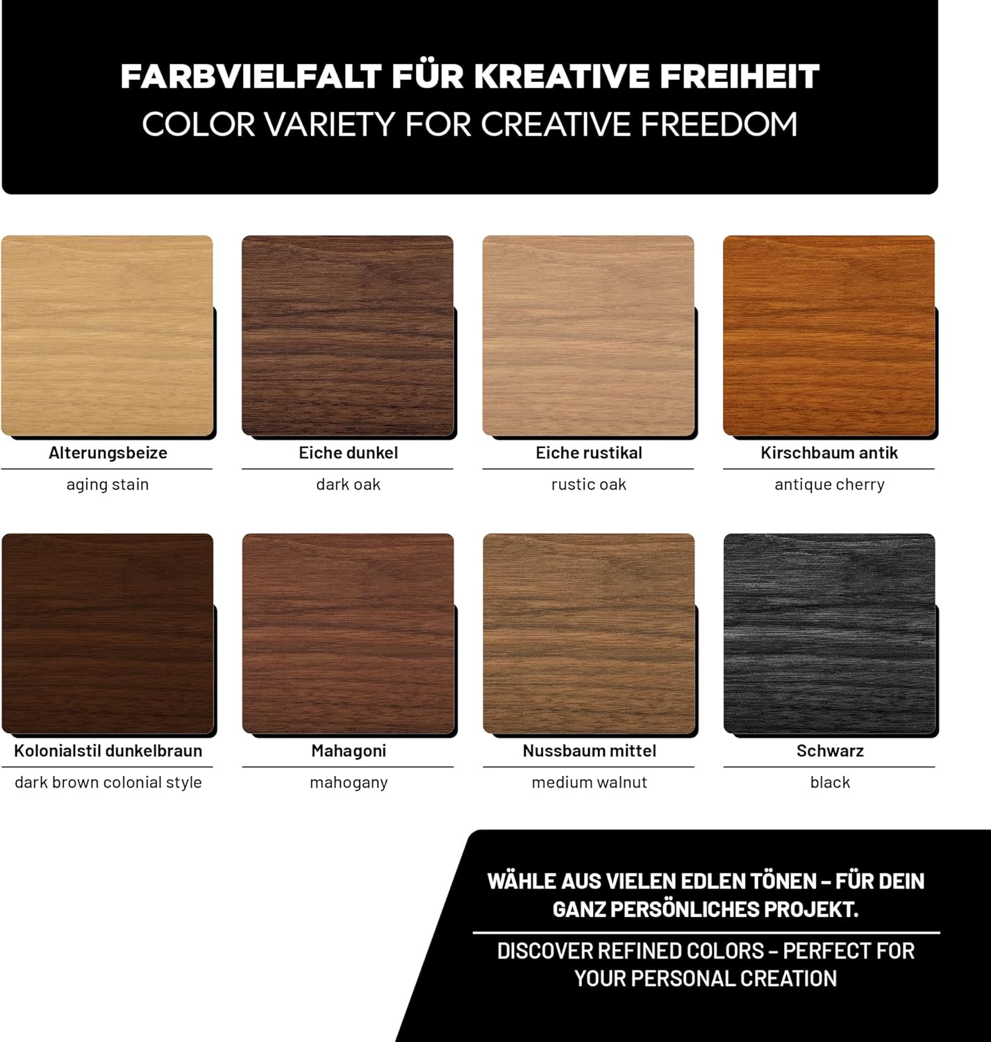 Farbübersicht der LM Kreativ Holzbeize mit verschiedenen Holzfarbtönen auf Musterplatten