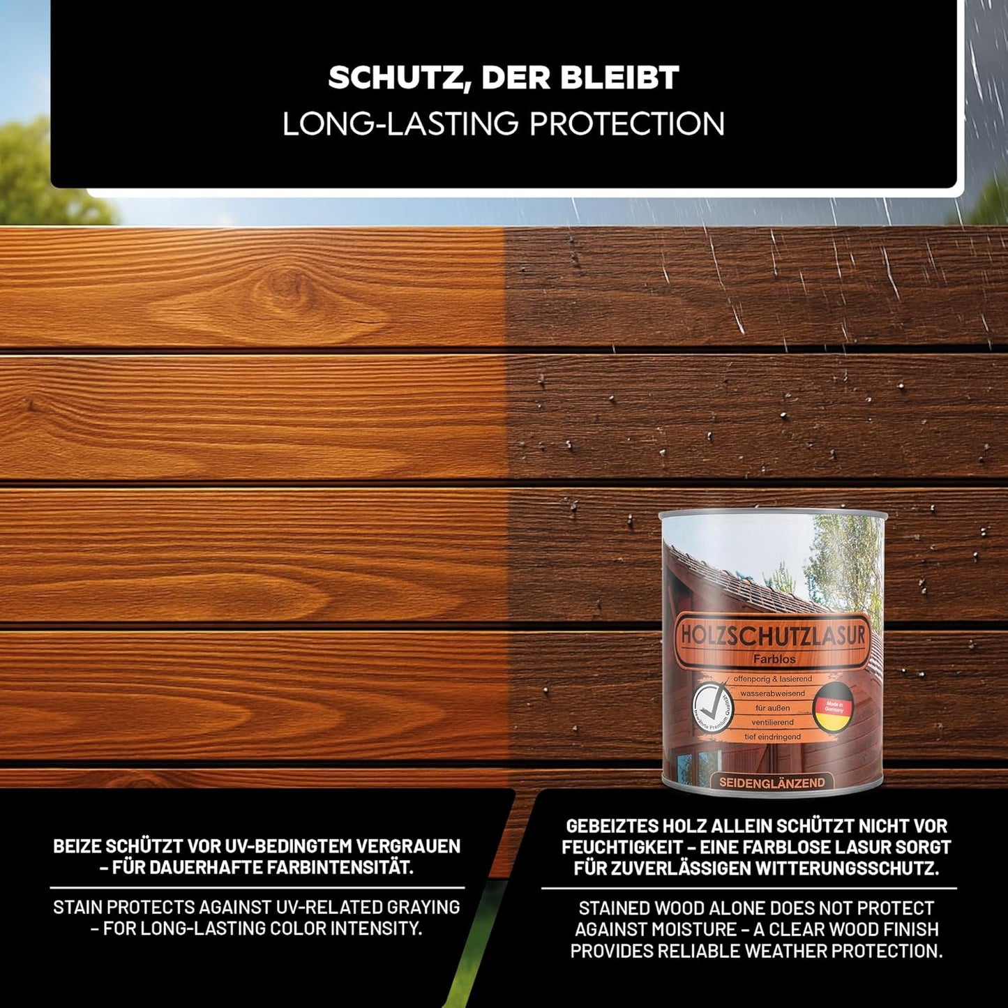 Behandeltes Holz im Außenbereich mit zusätzlicher Schutzlasur für Witterungs- und Feuchtigkeitsschutz