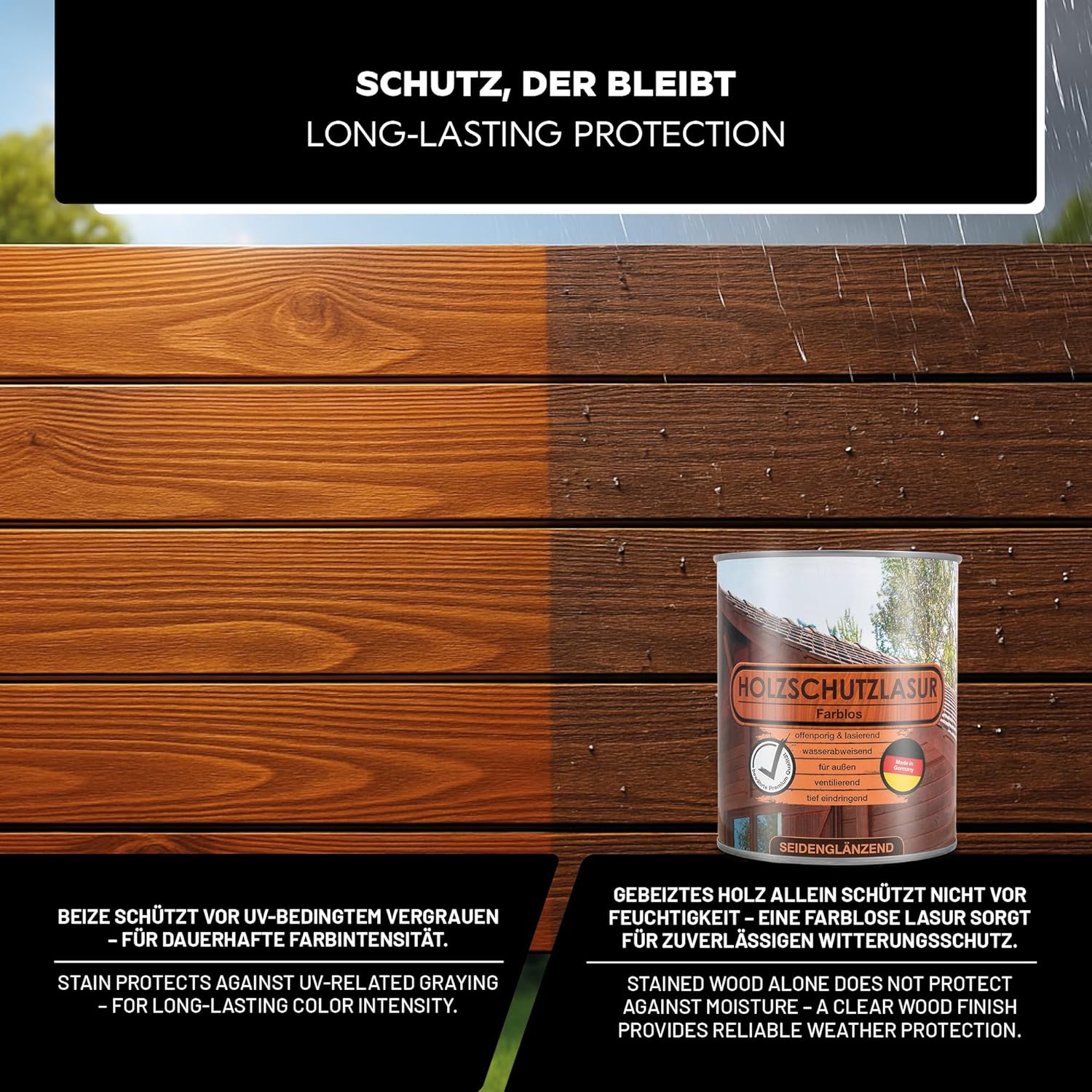 Behandeltes Holz im Außenbereich mit zusätzlicher Schutzlasur für Witterungs- und Feuchtigkeitsschutz