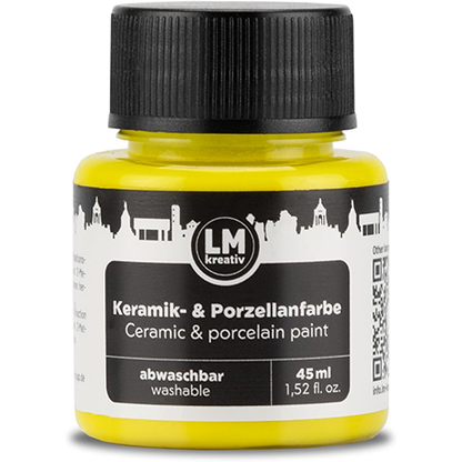 Freigestelltes 45 ml Glas LM Kreativ Keramik- und Porzellanfarbe in Gelb, abwaschbare Farbe auf Wasserbasis zum Bemalen von Keramik, Glas und Porzellan