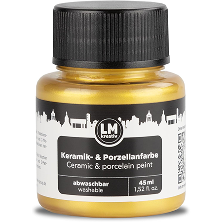 Freigestelltes 45 ml Glas LM Kreativ Keramik- und Porzellanfarbe in Metallic Gold, abwaschbare Farbe auf Wasserbasis mit glänzendem Metalleffekt für Keramik und Porzellan