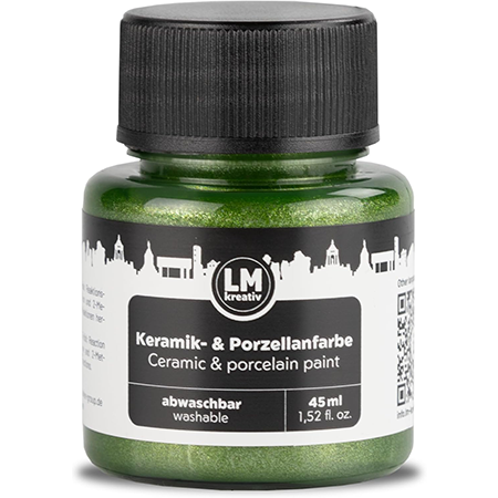 Freigestelltes 45 ml Glas LM Kreativ Keramik- und Porzellanfarbe in Metallic Grün, abwaschbare Farbe auf Wasserbasis mit schimmerndem Effekt für Glas, Keramik und Porzellan