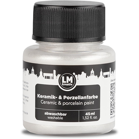 Freigestelltes 45 ml Glas LM Kreativ Keramik- und Porzellanfarbe in Metallic Pearl, abwaschbare Farbe auf Wasserbasis mit perlmuttartigem Schimmer für Glas und Porzellan