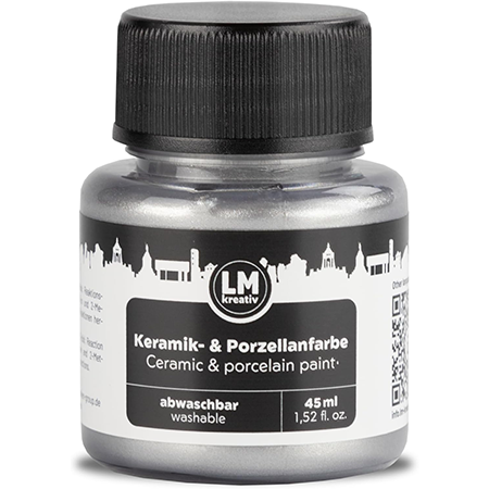 Freigestelltes 45 ml Glas LM Kreativ Keramik- und Porzellanfarbe in Metallic Silber, abwaschbare Farbe auf Wasserbasis mit silbernem Metalleffekt für Keramik, Glas und Porzellan