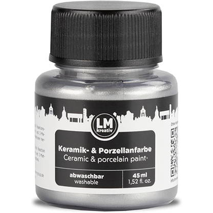 Freigestelltes 45 ml Glas LM Kreativ Keramik- und Porzellanfarbe in Metallic Silber, abwaschbare Farbe auf Wasserbasis mit silbernem Metalleffekt für Keramik, Glas und Porzellan