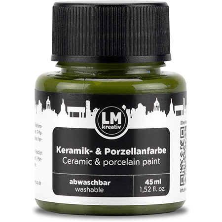 Freigestelltes 45 ml Glas LM Kreativ Keramik- und Porzellanfarbe in Olivegrün, abwaschbare Farbe auf Wasserbasis zum Bemalen von Keramik, Glas und Porzellan