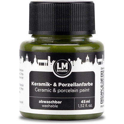 Freigestelltes 45 ml Glas LM Kreativ Keramik- und Porzellanfarbe in Olivegrün, abwaschbare Farbe auf Wasserbasis zum Bemalen von Keramik, Glas und Porzellan