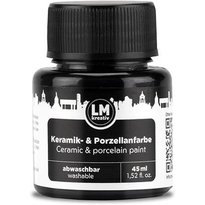 Freigestelltes 45 ml Glas LM Kreativ Keramik- und Porzellanfarbe in Schwarz, abwaschbare Farbe auf Wasserbasis für kontrastreiche Designs auf Keramik und Glas