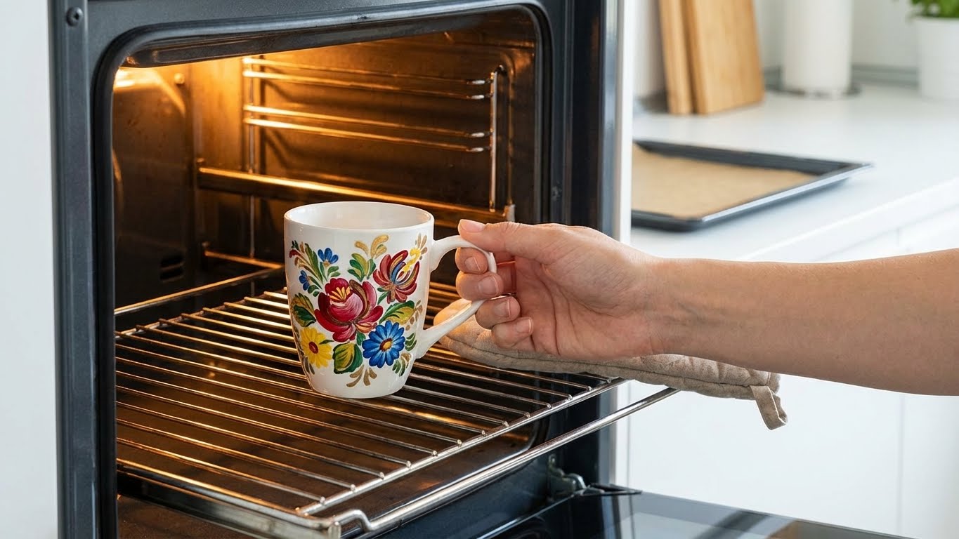 Einbrennen einer bemalten Tasse im Backofen zur Fixierung der LM Kreativ Keramik- und Porzellanfarbe