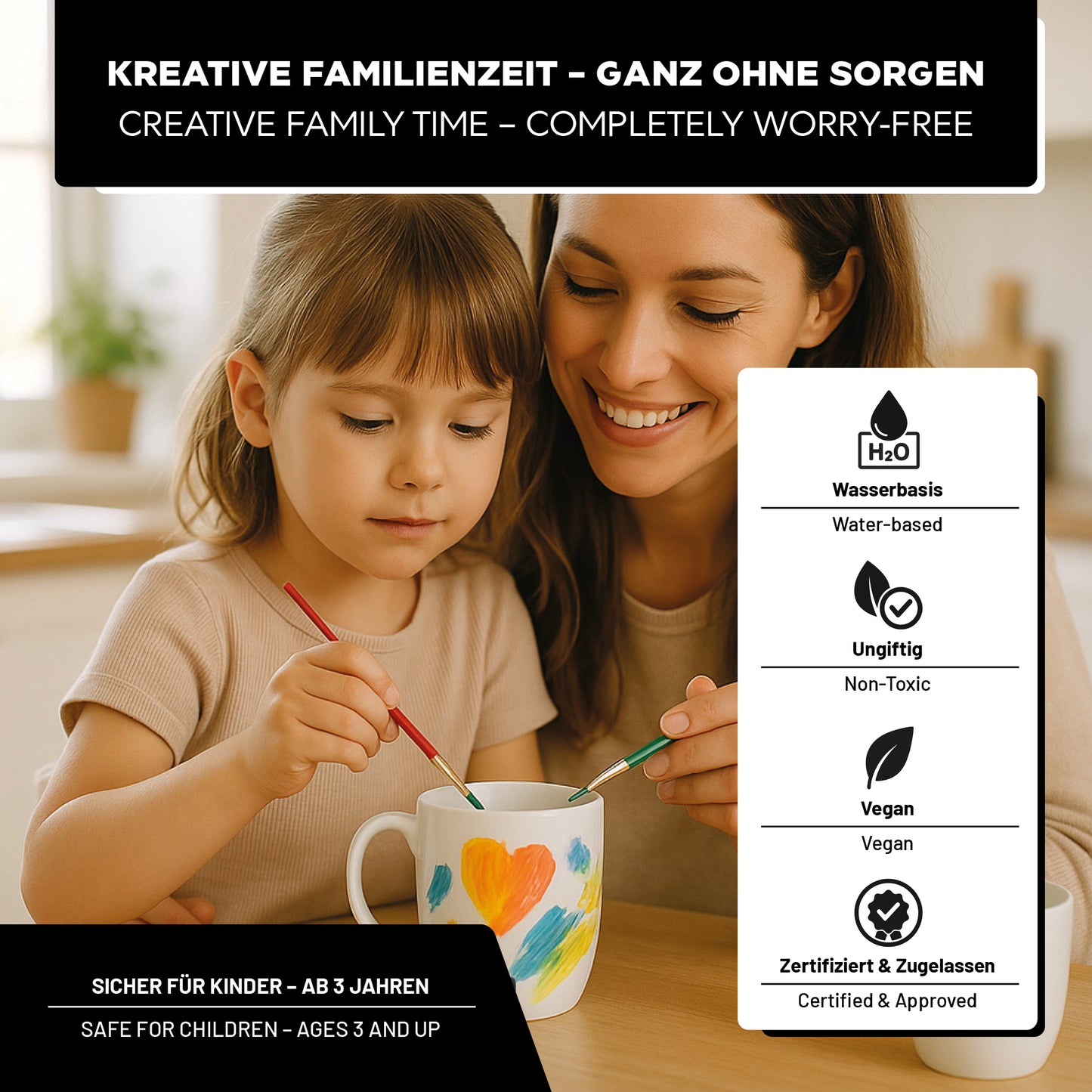 LM Kreativ Keramik- und Porzellanfarbe Set bei kreativer Familienzeit, Kind und Mutter bemalen gemeinsam eine Tasse, wasserbasiert und geeignet ab 3 Jahren