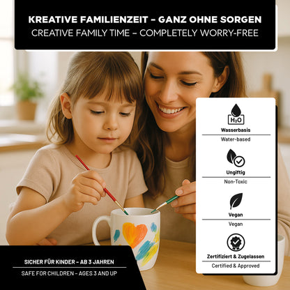 LM Kreativ Keramik- und Porzellanfarbe Set bei kreativer Familienzeit, Kind und Mutter bemalen gemeinsam eine Tasse, wasserbasiert und geeignet ab 3 Jahren