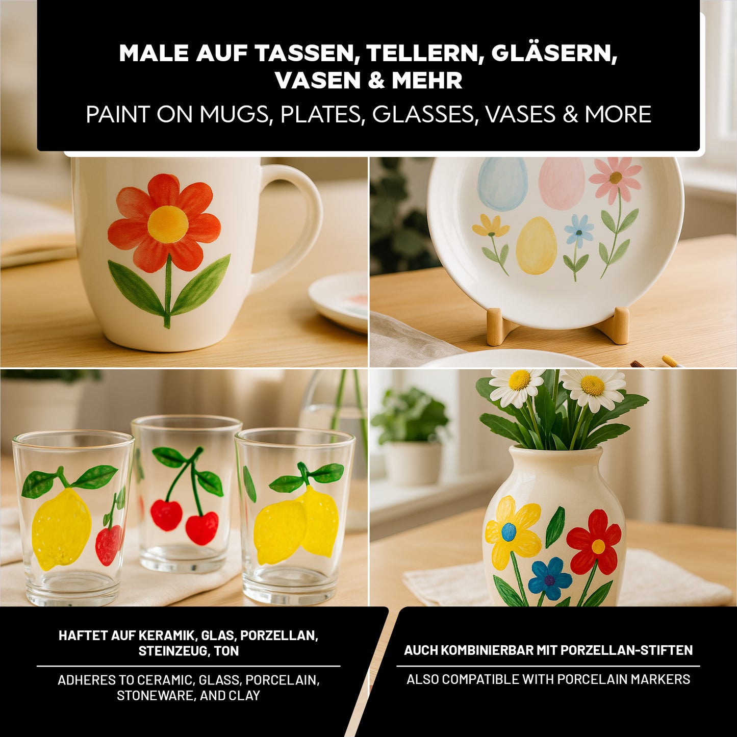 Mit LM Kreativ Keramik- und Porzellanfarbe gestaltete Tassen, Teller, Gläser und Vase mit bunten Blumen- und Fruchtmotiven